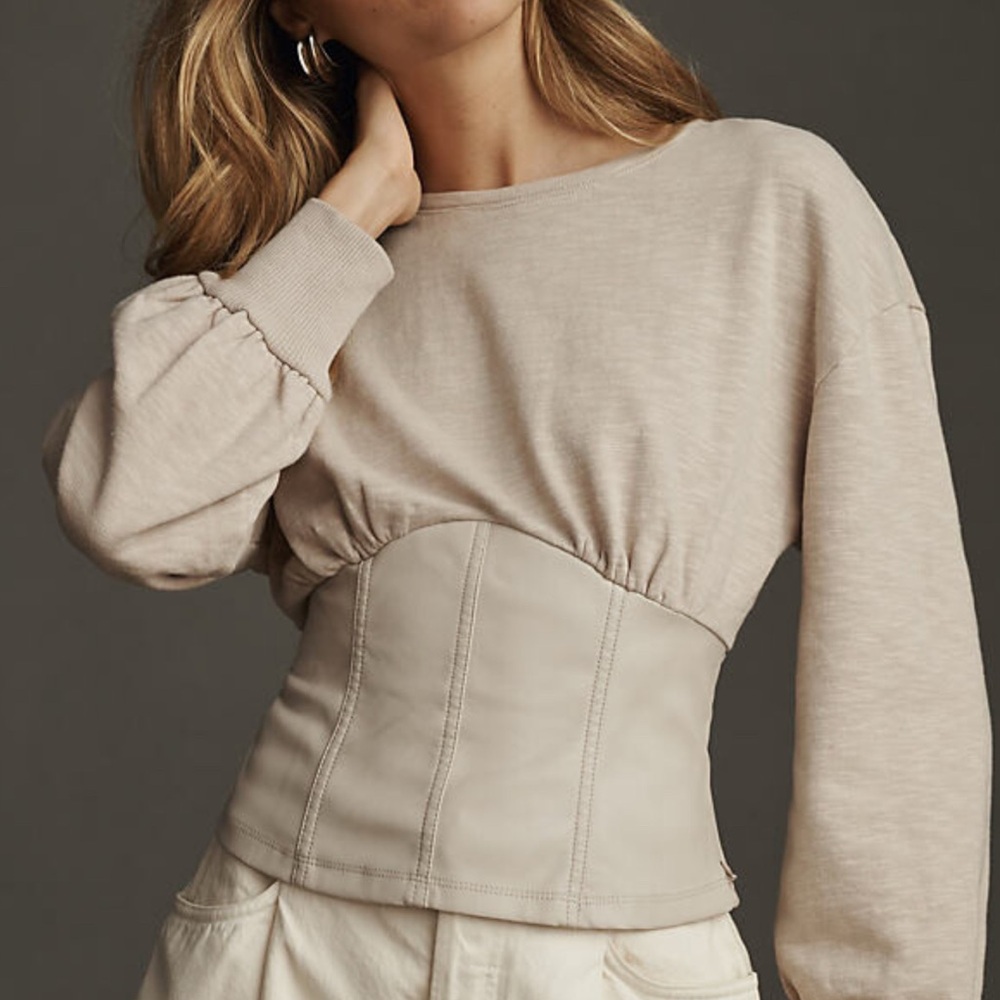 Anthropology Pilcro Vegan Leather Corset sweatshirt, beige/ivory Size Large NEW